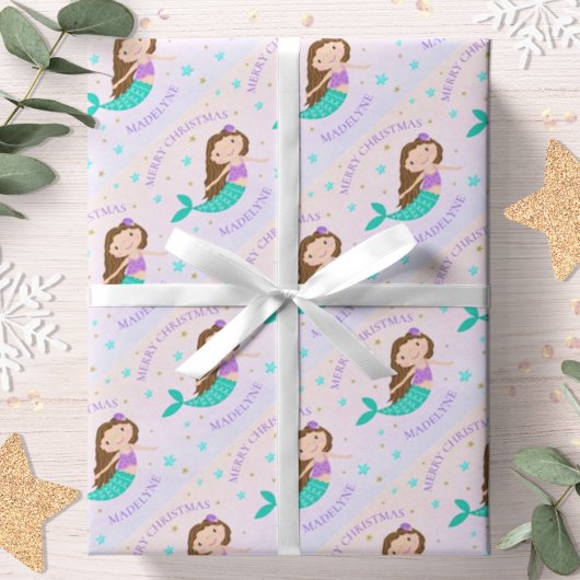 Mermaid Christmas Lila Gold Glitzer Personalisiert Geschenkpapier