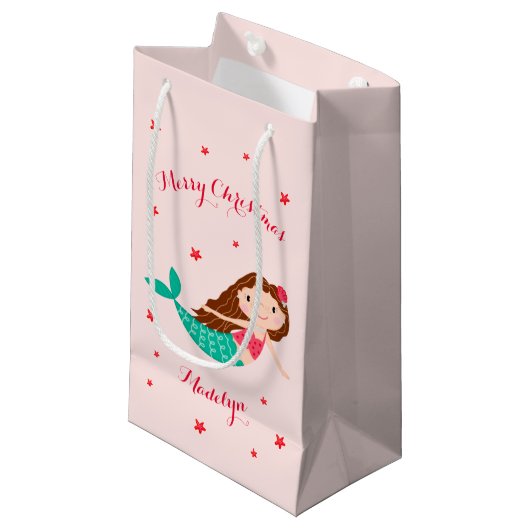 Mermaid Christmas Personalisiert Name Pink Kleine Geschenktüte (Vorderseite Schrägansicht)