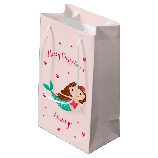 Mermaid Christmas Personalisiert Name Pink Kleine Geschenktüte (Rückseite Schrägansicht)