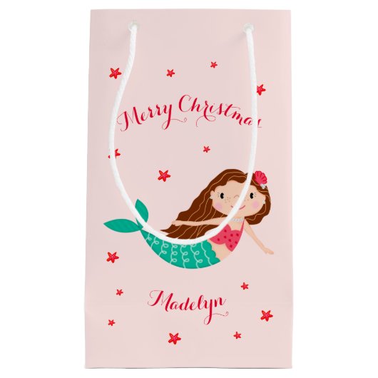 Mermaid Christmas Personalisiert Name Pink Kleine Geschenktüte (Vorderseite)