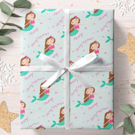 Mermaid Christmas Pink Aquamarin Personalisiert Geschenkpapier