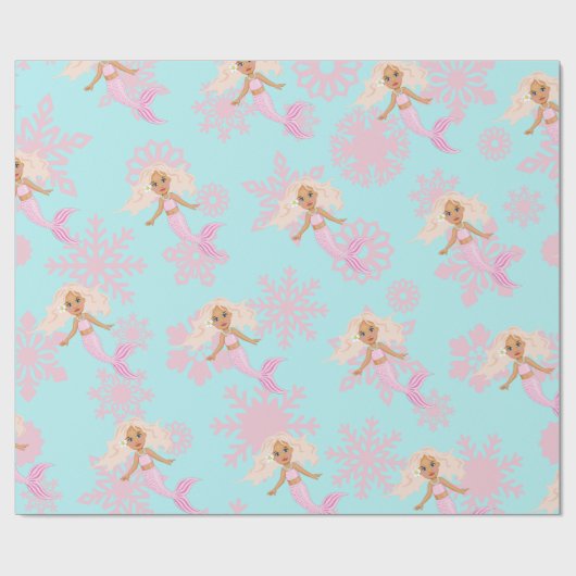 Mermaid Christmas Pink Blue Girl Snowflake Geschenkpapier (Flach)