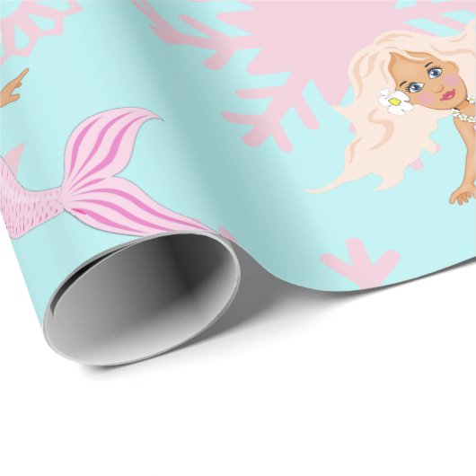 Mermaid Christmas Pink Blue Girl Snowflake Geschenkpapier (Rolleneckpunkt)