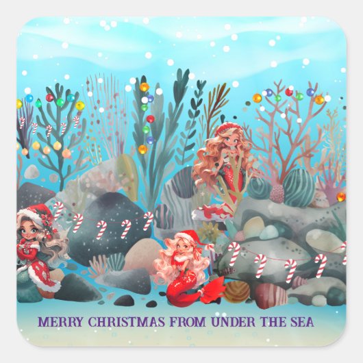 Mermaid Christmas Quadratischer Aufkleber (Vorderseite)