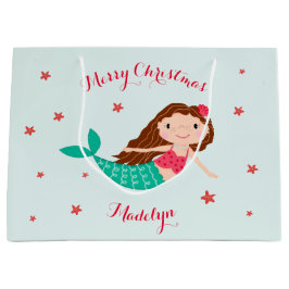Mermaid Christmas Red Aqua Personalisiert Große Geschenktüte
