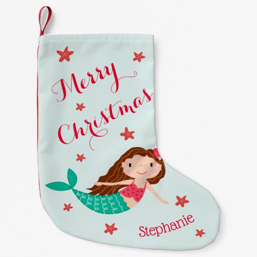 Mermaid Christmas Red Aqua Personalisiert Kleiner Weihnachtsstrumpf (Vorderseite)