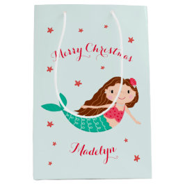 Mermaid Christmas Red Aqua Personalisiert Mittlere Geschenktüte
