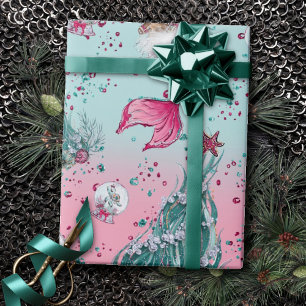 Mermaid Christmas   Strümpfe und Bäume Aquamarin Geschenkpapier