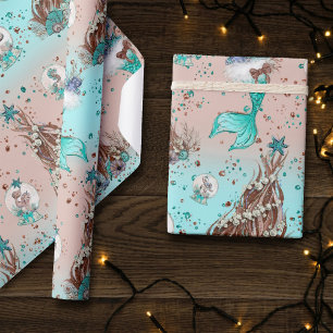 Mermaid Christmas Strümpfe und Bäume Aquamarin P Geschenkpapier