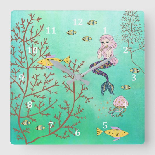 Mermaid Clock Green Sea Quadratische Wanduhr (Vorderseite)