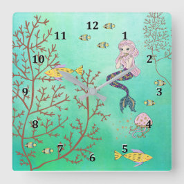 Mermaid Clock Green Sea Quadratische Wanduhr