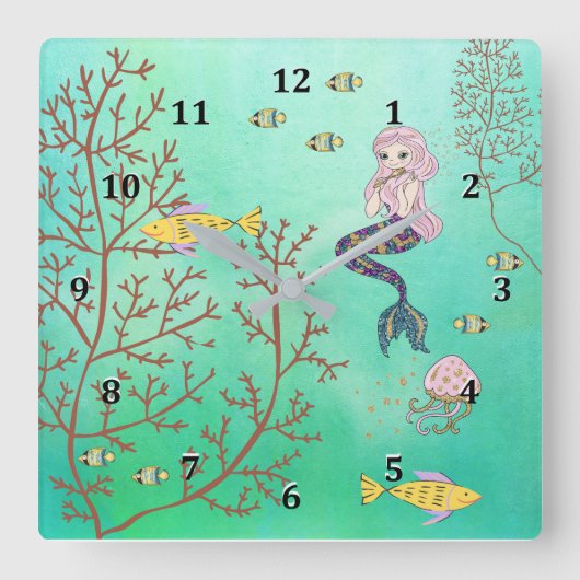 Mermaid Clock Green Sea Quadratische Wanduhr (Vorderseite)