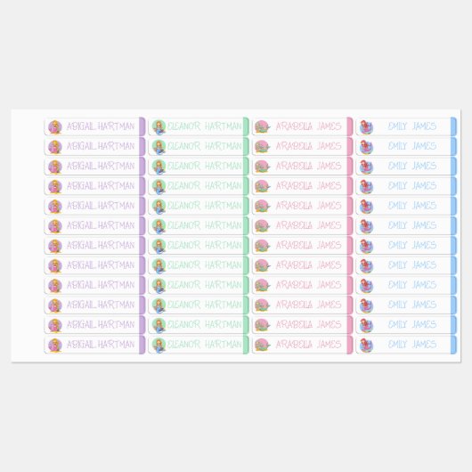 Mermaid Colour Coded Girl Waterproof Name Etiketten (Blatt)