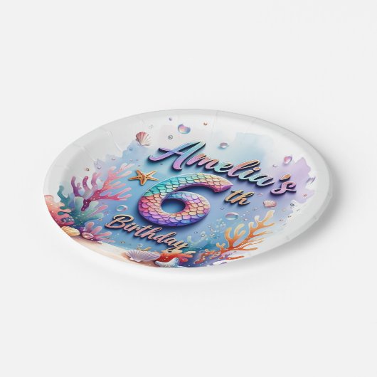 Mermaid Custom Name & Age - Under the Sea Party Pappteller (Schrägansicht)