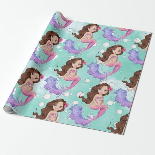 Mermaid Dark Hair Bubbles Pink Blue Geschenkpapier (Ungerollt)