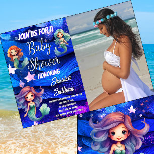 Mermaid Deep Blue Lila Sea Foto Babydusche Einladung
