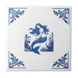Mermaid Delft Blue und White Floral Corners Fliese