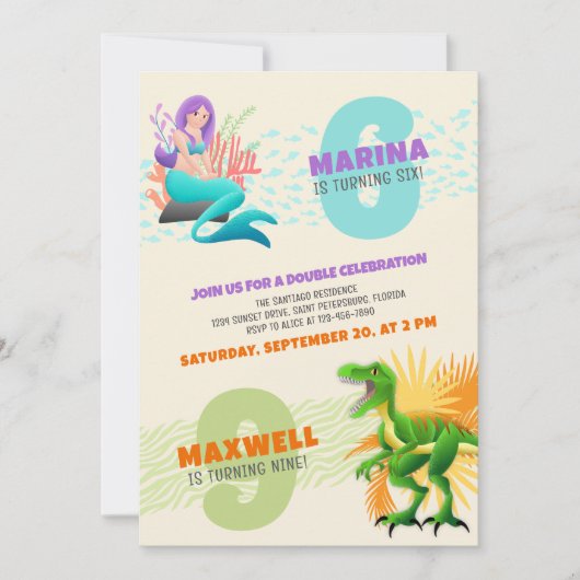 Mermaid Dinosaur Joint Double Birthday Einladung (Vorderseite)