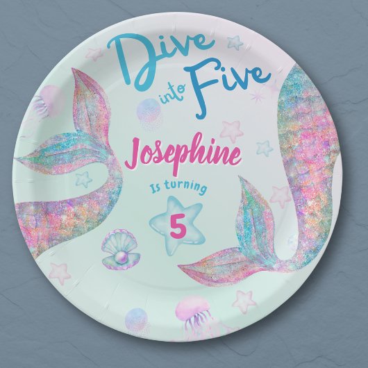 Mermaid dive into five birthday watercolor round pappteller