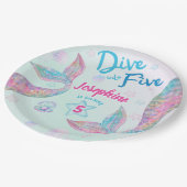 Mermaid dive into five birthday watercolor round pappteller (Schrägansicht)