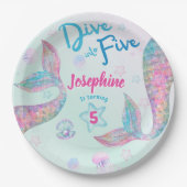 Mermaid dive into five birthday watercolor round pappteller (Vorderseite)