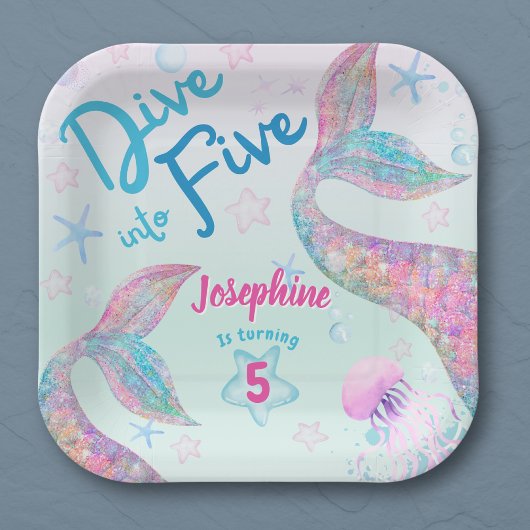 Mermaid dive into five birthday watercolor square pappteller