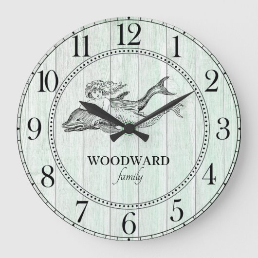 Mermaid Dolphin Aqua Blue Beach House Große Wanduhr (Vorderseite)