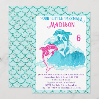 Mermaid Dolphin Blue Sea Aqua Geburtstagsparty Einladung