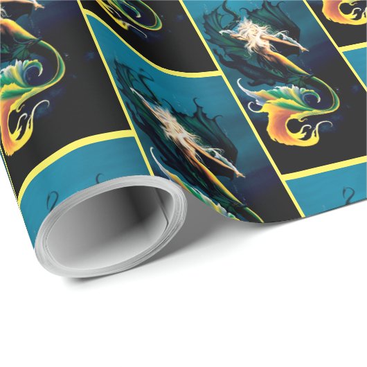 Mermaid Dragon Fantasy Blue Geschenkpapier (Rolleneckpunkt)