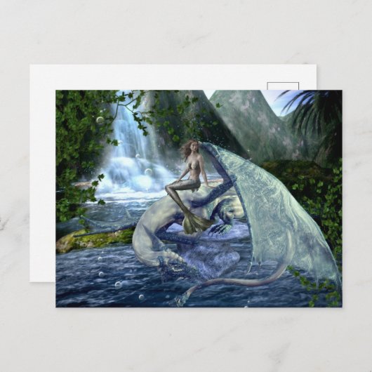 Mermaid Dragon Fantasy Wasserfall Landschaft Postkarte (Vorne/Hinten)