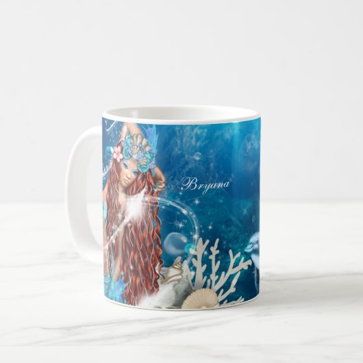 Mermaid Fantasy Red Head Verzauberter Strand Kaffeetasse (Vorderseite Links)