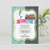 Mermaid & Fire Truck Joint Boy Girl Birthday Einladung (Stehend Vorderseite)