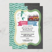Mermaid & Fire Truck Joint Boy Girl Birthday Einladung (Vorne/Hinten)