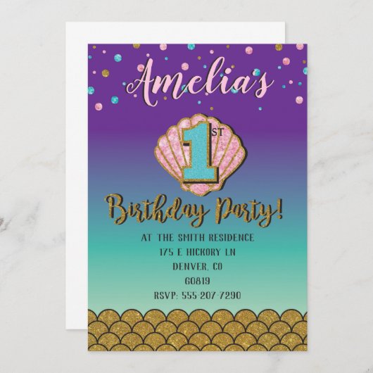 Mermaid First Birthday Einladung (Vorne/Hinten)