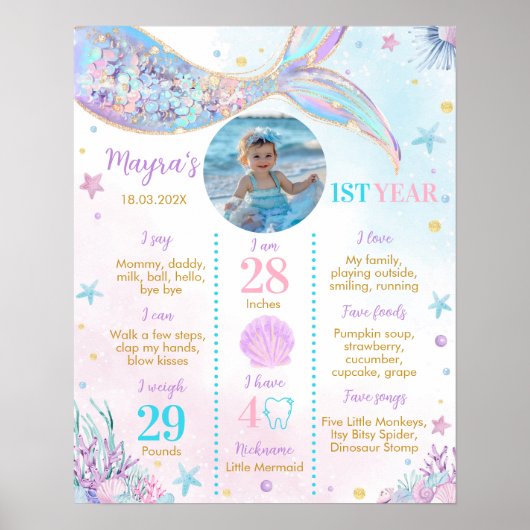 Mermaid First Birthday Foto Milestone Poster (Vorne)