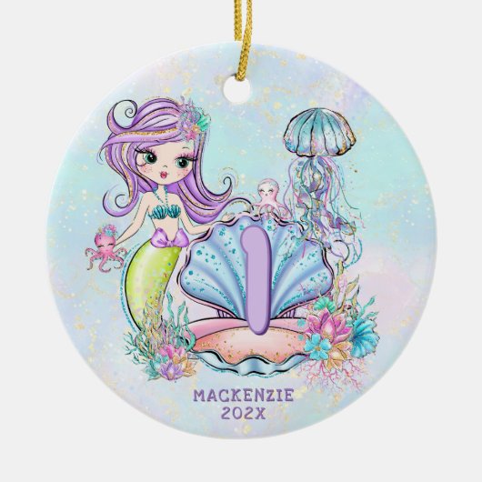 Mermaid First Birthday | Whimsischer Keepake Keramik Ornament (Vorne)