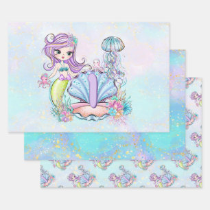 Mermaid First Birthday   Whimsisches Party zum Leb Geschenkpapier Set