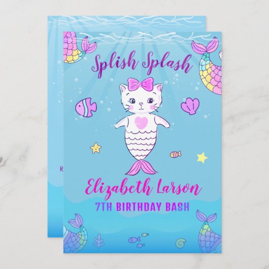 Mermaid Funny Kitty Purr Haushaltshilfe Pool Party Einladung (Vorne/Hinten)