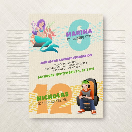 Mermaid Gamer Joint Double Birthday Einladung