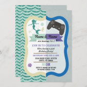 Mermaid & Gaming Joint Boy Girl Birthday Invites Einladung (Vorne/Hinten)