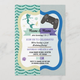 Mermaid & Gaming Joint Boy Girl Birthday Invites Einladung