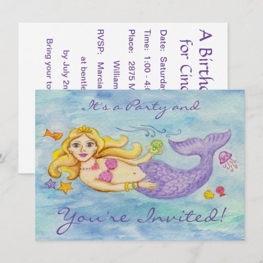 Mermaid Geburtstagsfeier Einladung (Vorne/Hinten)