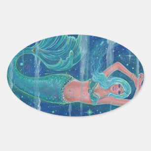Mermaid Gemma aqua von Renee Lavoie Ovaler Aufkleber