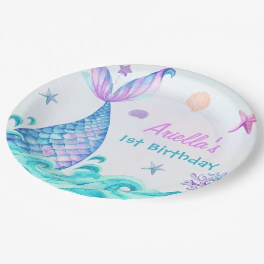 Mermaid Girl 1. Geburtstag Party Pappteller (Schrägansicht)