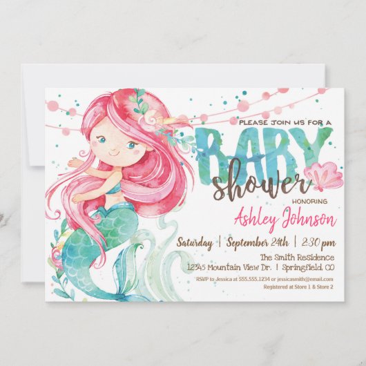 Mermaid, Girl Baby Showeinladung Einladung (Vorderseite)