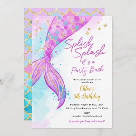 Mermaid Girl Birthday Party Einladung (Vorne/Hinten)