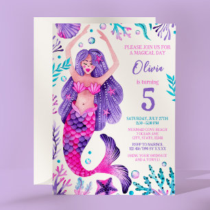 Mermaid Girl Birthday Pink und Lila Party Einladung