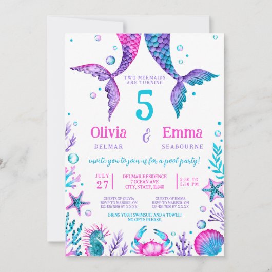 Mermaid Girl Friends Joint Birthday Party Einladung (Vorderseite)