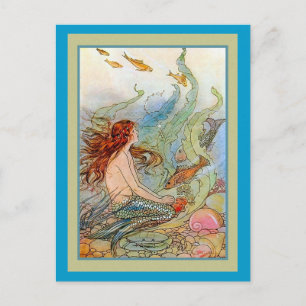 Mermaid Girl in Sea with Fish and Shells Postkarte