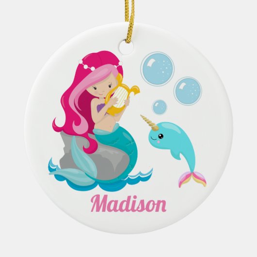 Mermaid Girl Niedlich Beach Narwhal Monogram Kids Keramik Ornament (Vorne)
